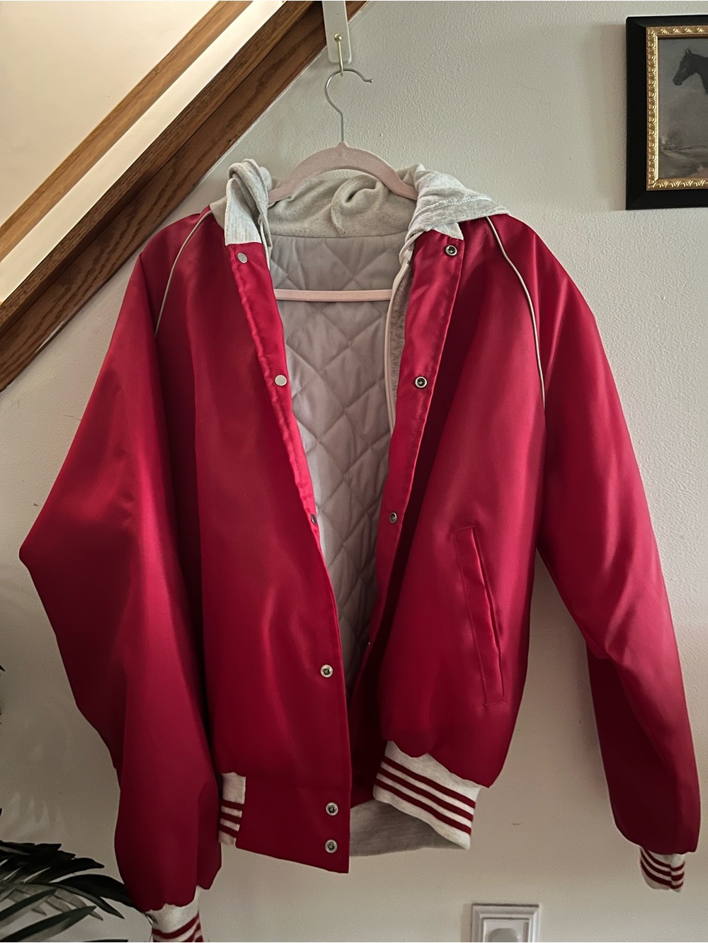Vintage Women's Red Varsity Jacket with Grey Hood